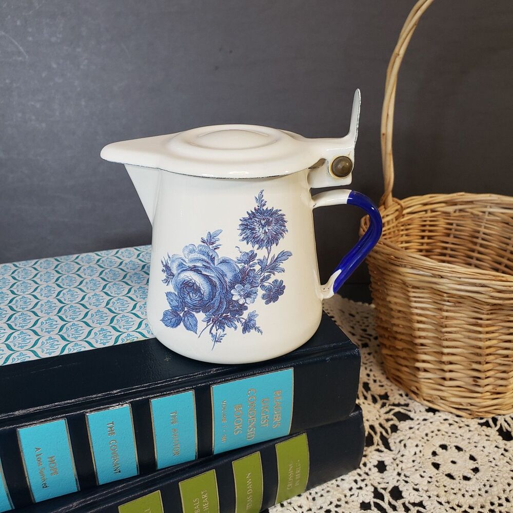 Vintage Italian Enamelware Leonia Blue Floral Kettle Coffee Pot 4"